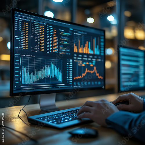 business professional using an interactive touchscreen display financial charts data