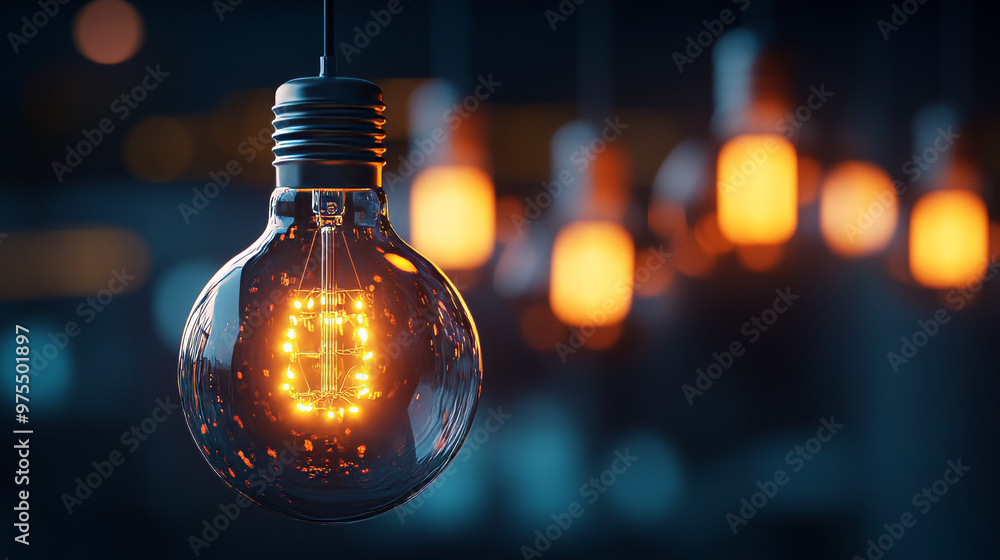 Photo of hanging light bulbs with depth of field, creating modern art. Photo of hanging light bulbs with depth of field, creating modern art.