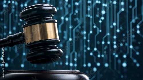 Digital Justice: Gavel and Circuit Board for Tech Law Concept