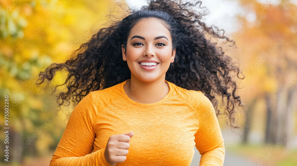 A plump woman jogs through the park, her confident smile showing her commitment to a healthy lifestyle. A plump woman jogs through the park, her confident smile showing her commitment to a healthy lifestyle.