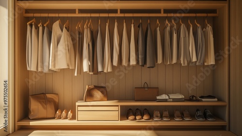 A sleek wardrobe displays a selection of clothing on wooden hangers, with shoes and bags organized below, creating a clean and simple storage solution in a bright environment photo