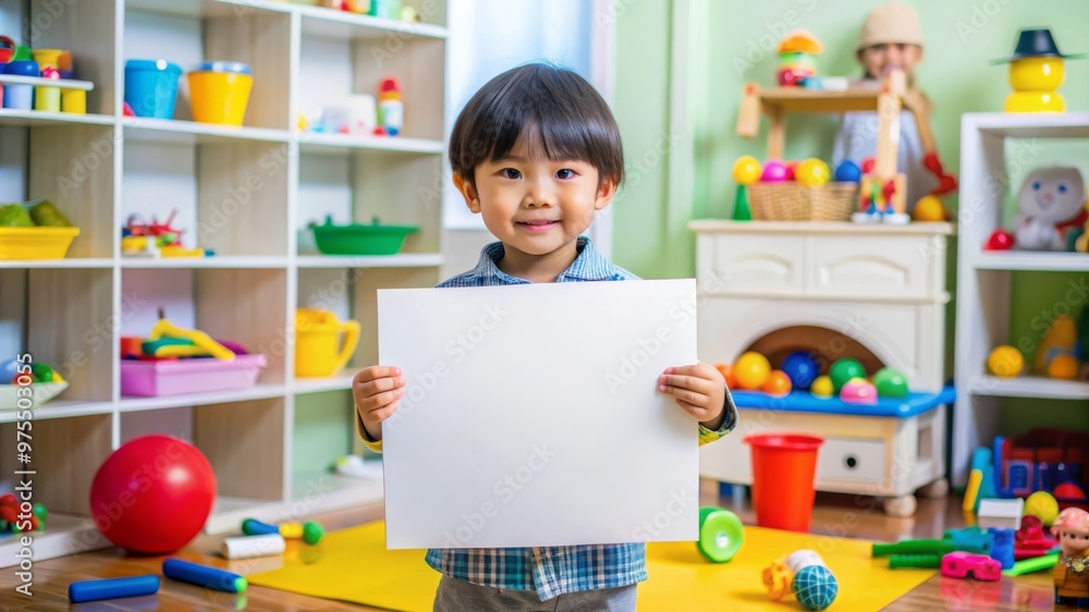 Playful Asian Child Holding Blank Poster in Vibrant Playroom. Creative Learning Moment Playful Asian Child Holding Blank Poster in Vibrant Playroom. Creative Learning Moment