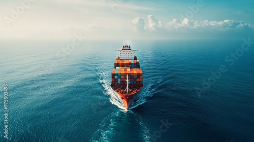 Serene Aerial View of Cargo Ship Sailing Across Vast Open Waters with Copy Space for Text - Maritime Transportation Concept
