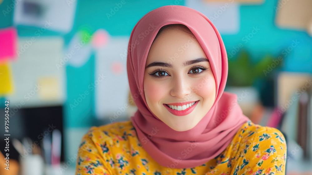 The Muslim woman smiles while working at her desk, reflecting her confidence in a corporate environment. The Muslim woman smiles while working at her desk, reflecting her confidence in a corporate environment.