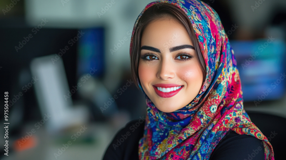 The Muslim woman smiles while working at her desk, reflecting her confidence in a corporate environment. The Muslim woman smiles while working at her desk, reflecting her confidence in a corporate environment.