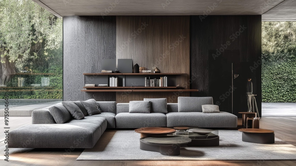 Modern living room with grey sectional sofa, coffee table, and wooden wall panels. Modern living room with grey sectional sofa, coffee table, and wooden wall panels.