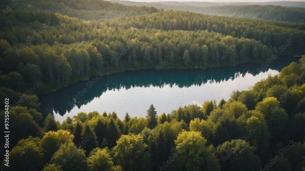 Obraz premium Aerial View of a Lush Forest Surrounding a Tranquil Lake.