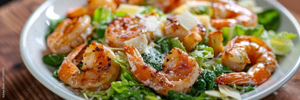 Caesar Salad, Cesar Salat or Barbecue Shrimps Ceasar with Green Lettuce, Grated Parmesan Cheese Caesar Salad, Cesar Salat or Barbecue Shrimps Ceasar with Green Lettuce, Grated Parmesan Cheese