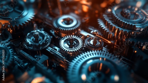 Intricate gears and machinery elements are featured, highlighting the complexity of industrial operations in a closeup setting