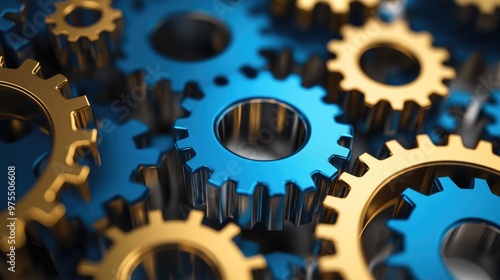 Close-up of interlocking blue and gold gears.