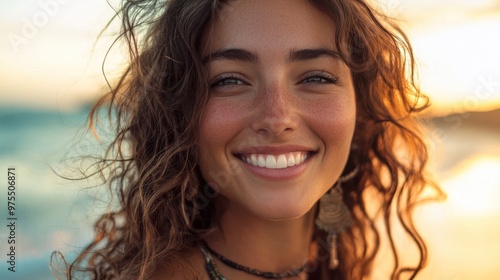 Close-up of smiling woman with wavy hair and bohemian jewelry at the seaside 