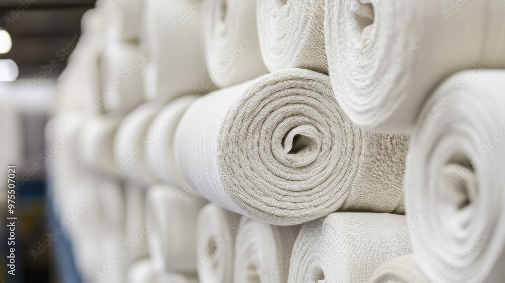Rolls of White Fabric Neatly Arranged in an Industrial Setting, Illustrating Large-Scale Fabric Manufacturing Rolls of White Fabric Neatly Arranged in an Industrial Setting, Illustrating Large-Scale Fabric Manufacturing