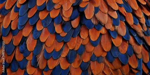 Wallpaper Mural Leuchtende Federn in intensiven Blau- und Orangetönen, die durch ihre dichte Anordnung ein kräftiges und kontrastreiches Muster mit faszinierenden Farbverläufen erzeugen Torontodigital.ca