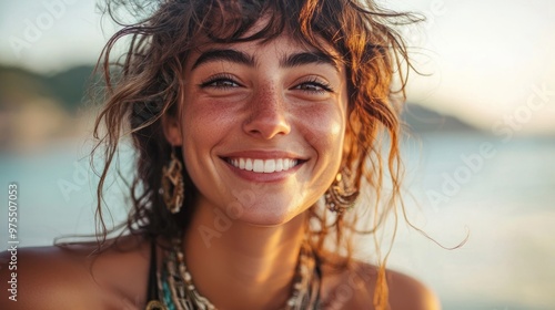 Close-up of smiling woman with wavy hair and bohemian jewelry at the seaside 