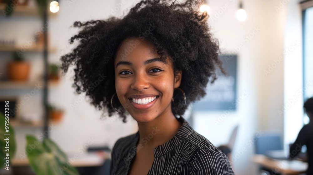 Confident black woman with afro hair smiling in a startup office Confident black woman with afro hair smiling in a startup office