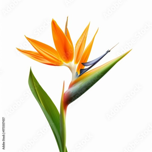 Bird of Paradise Tropical Flower Isolated, Strelitzia Bloom, Orange Exotic Bird Head Flower on White