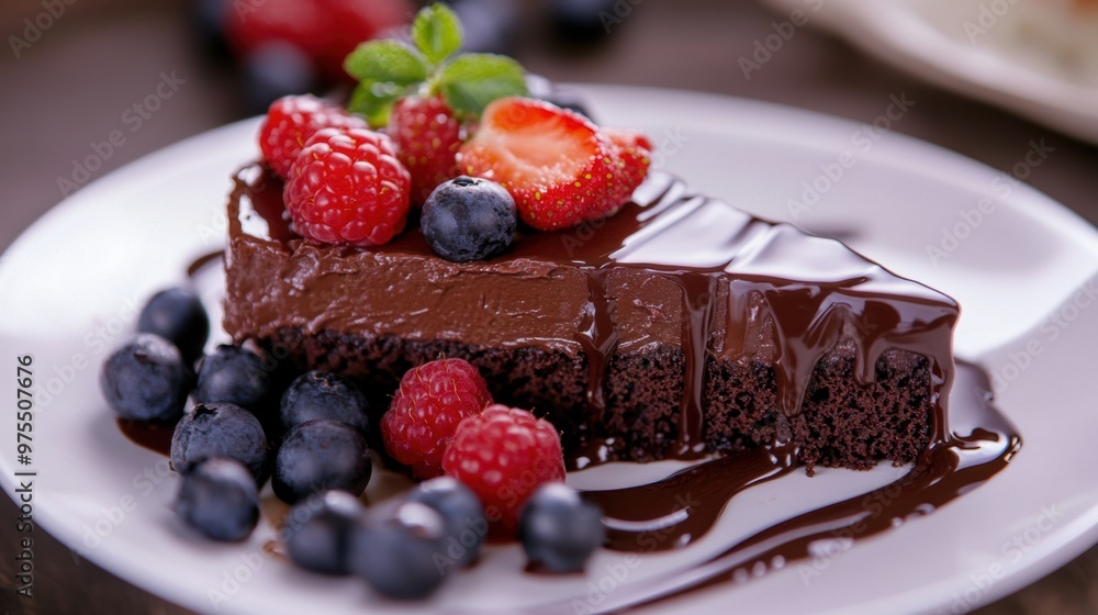 HD image of a chocolate cake slice with a drizzle of chocolate syrup and fresh berries HD image of a chocolate cake slice with a drizzle of chocolate syrup and fresh berries