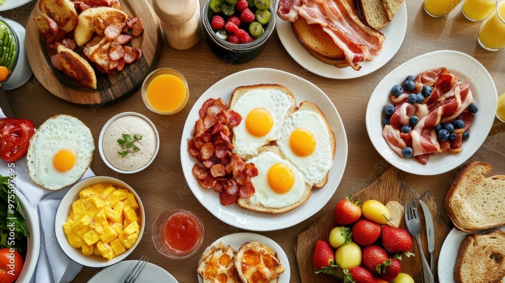 Overhead view of a breakfast spread with eggs bacon toast and fresh fruit Overhead view of a breakfast spread with eggs bacon toast and fresh fruit