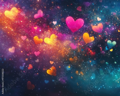 Vibrant abstract background featuring colorful hearts in a cosmic theme photo