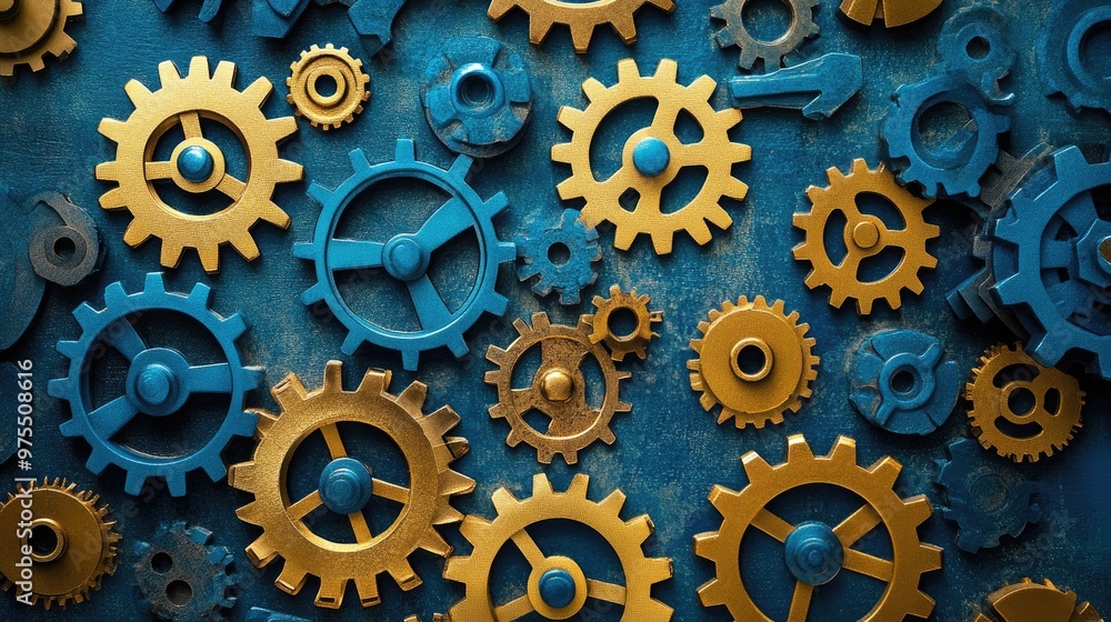 A close-up view of a group of blue and gold gears, arranged randomly, on a blue background. A close-up view of a group of blue and gold gears, arranged randomly, on a blue background.