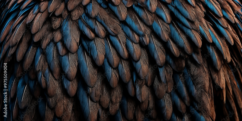 Fototapeta premium Leuchtende blaue und warme braune Federn, symmetrisch angeordnet, die durch ihre harmonische Kombination aus kühlen und warmen Tönen eine visuell ansprechende und filigrane Textur schaffen