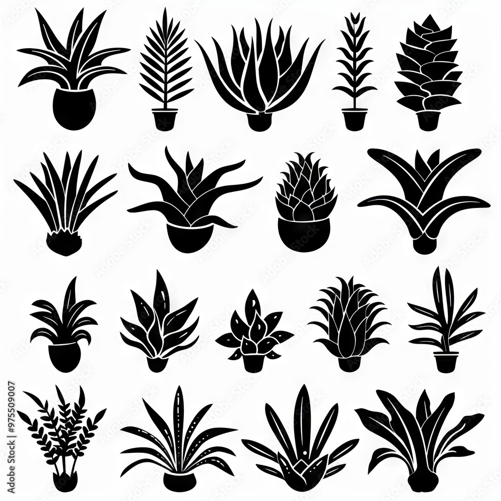Bromeliad (Bromeliaceae genera) Pot Plant Icon Set, Bromeliaceae genera Plant Flat Design Bromeliad (Bromeliaceae genera) Pot Plant Icon Set, Bromeliaceae genera Plant Flat Design