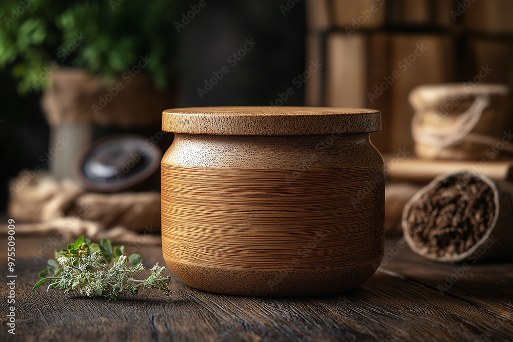 Wooden Jar with Lid on Rustic Table Wooden Jar with Lid on Rustic Table