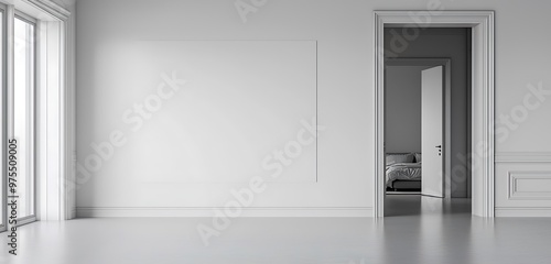 mpty whit intrior with a blank wall and bdroom door in a 3D rndr.