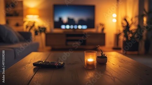 Living Room Scene with Remote Control on Wooden Table and Dimly Lit TV in the Background photo