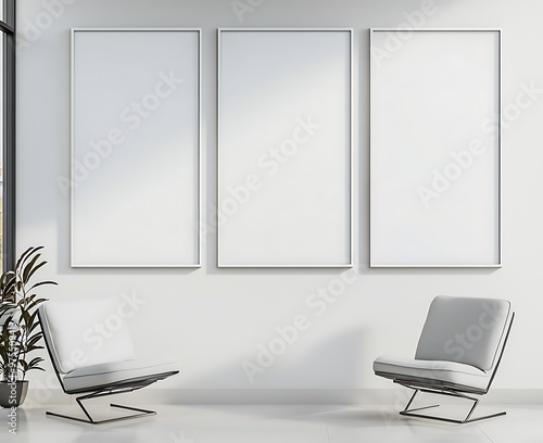 Simpl, lgant workspac with thr slk whit frams on an offic wall.