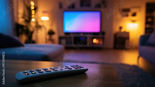 Living Room Scene with Remote Control on Wooden Table and Dimly Lit TV in the Background photo