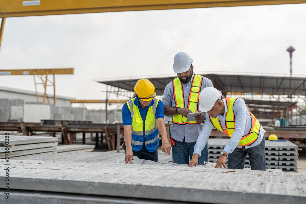 Asian Senior man engineer foreman and labor worker looking at blueprint building project at construction site Asian Senior man engineer foreman and labor worker looking at blueprint building project at construction site