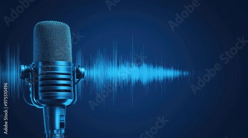 A vintage microphone with a blue sound wave behind it on a blue background.