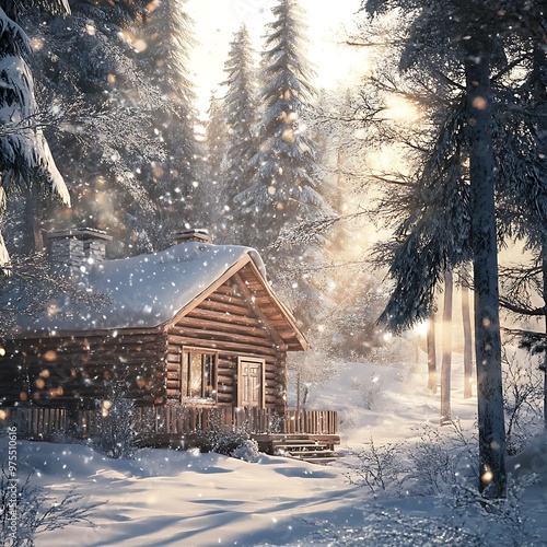 A rustic wooden cabin nestled in a snowy winter landscape