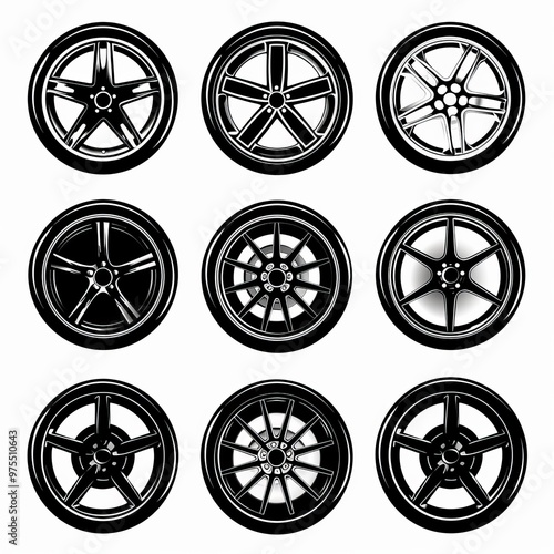 Car wheels icon, tire silhouettes, rim symbol, auto wheels sign, car tyre pictograms, minimal