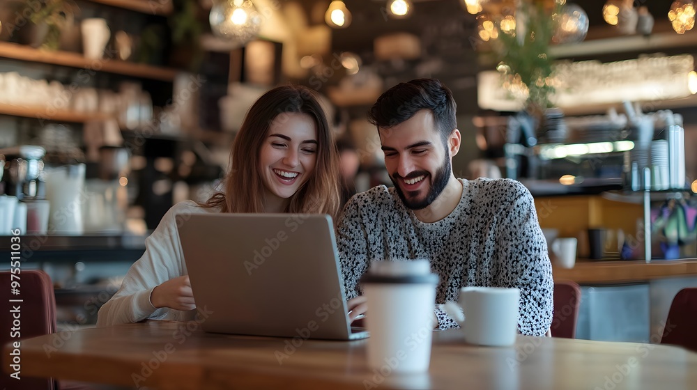 Happy Couple Using Laptop at a Cafe Table Happy Couple Using Laptop at a Cafe Table