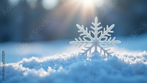 Snowflake on snowdrift with animated bokeh - winter fairy tale, christmas holiday background, frosty morning, sparkling snowflakes, magical atmosphere
