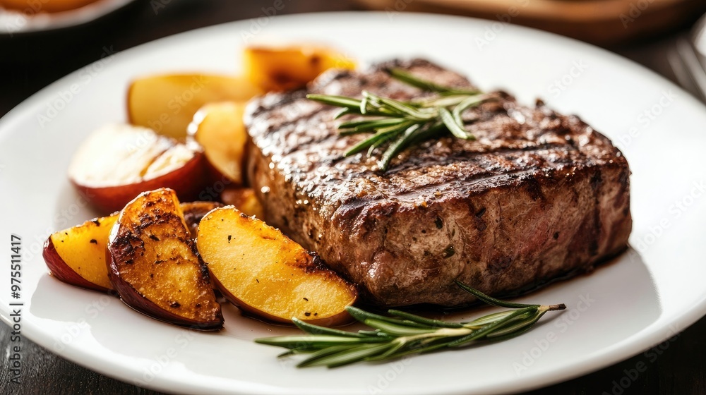 Juicy grilled steak served with sweet caramelized apples and rosemary, arranged beautifully on a white plate. Juicy grilled steak served with sweet caramelized apples and rosemary, arranged beautifully on a white plate.