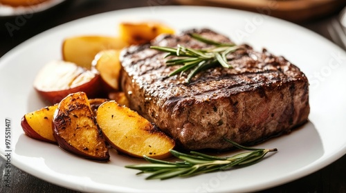 Juicy grilled steak served with sweet caramelized apples and rosemary, arranged beautifully on a white plate.