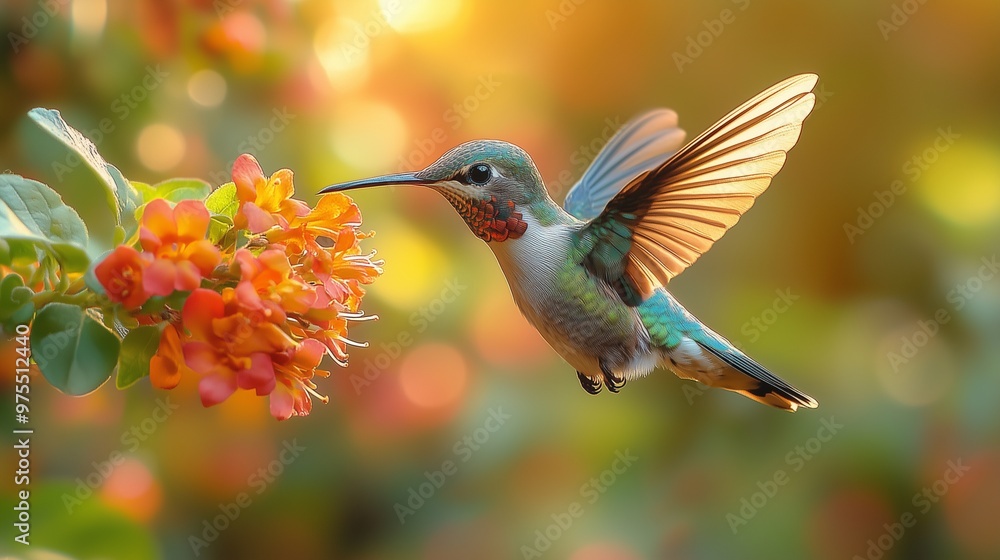 Naklejka premium Ultra hd macro Colorful humming bird are flying near flowers and pecking at water droplets falling from beautiful wild flowers pollen.