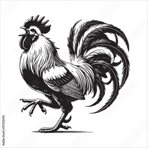 Chicken silhouette Clipart - A Leghorn rooster Vector illustration in black and white