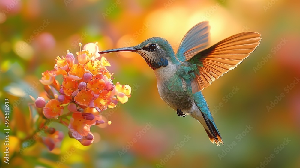 Fototapeta premium Ultra hd macro Colorful humming bird are flying near flowers and pecking at water droplets falling from beautiful wild flowers pollen. 