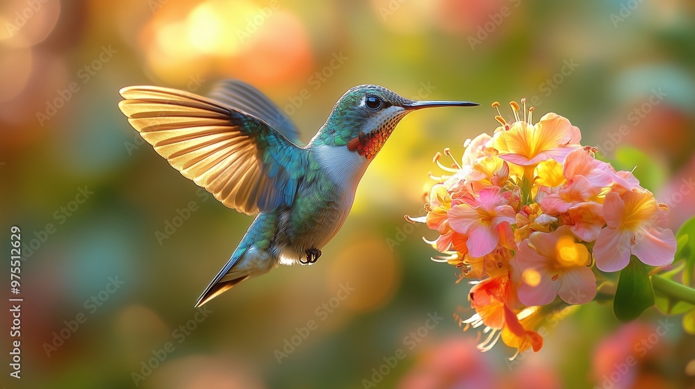 Fototapeta premium Ultra hd macro Colorful humming bird are flying near flowers and pecking at water droplets falling from beautiful wild flowers pollen.
