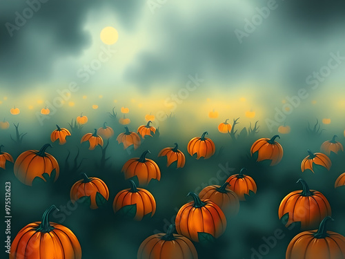 Mysterious Pumpkin Patch: Watercolor Illustration of Eerie Foggy Glow