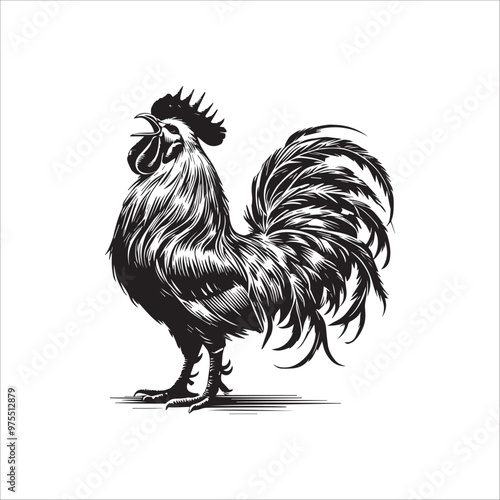 Chicken silhouette Clipart - Ameraucana rooster crowing Vector illustration in black and white