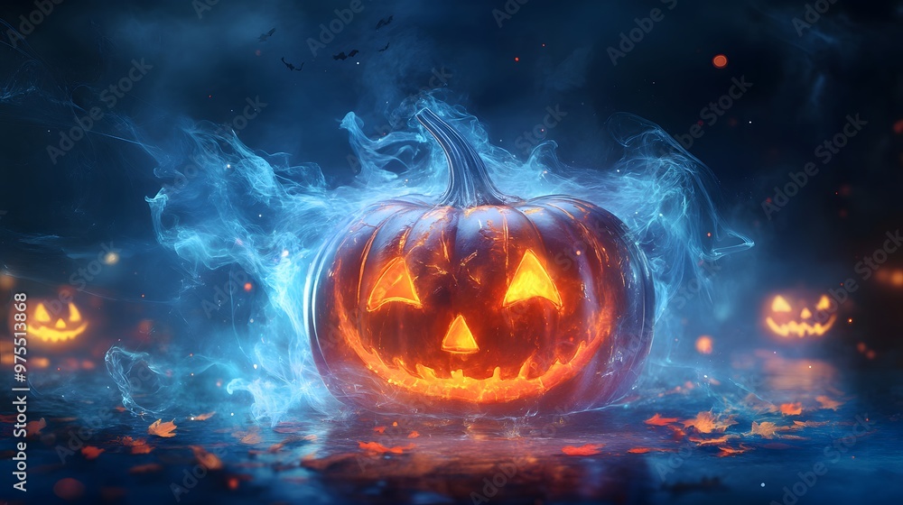 Naklejka premium A magic pumpkin surrounded by swirling mist and glowing symbols, set against a cool, dark Halloween night