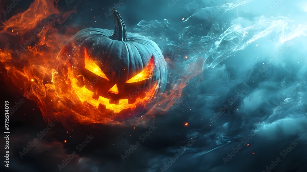 A floating pumpkin casting a spell, with glowing eyes and magical energy swirling around it, in a cool and dark environment