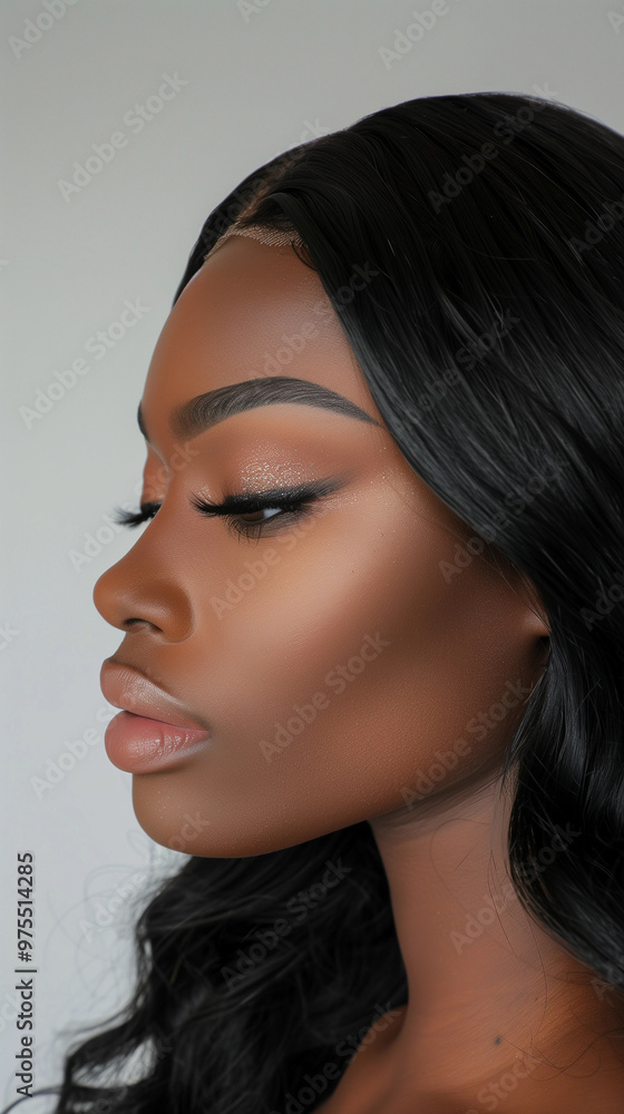 Naklejka premium Beauty portrait woman flawless makeup glowing skin sleek black wig hair styling haircare spa salon cosmetics skincare clinic professional look neutral background wallpaper simple lux glam 