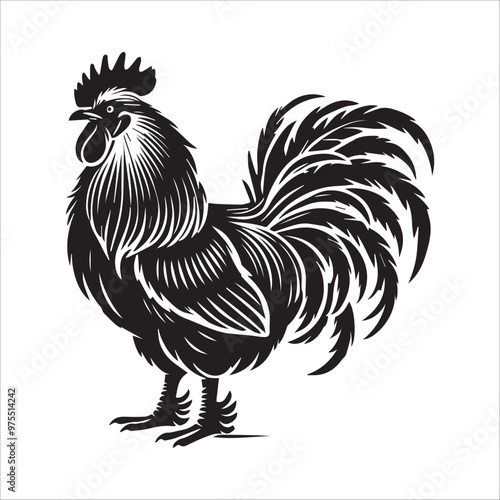 Hen silhouette Clipart - Brahma Chicken Vector illustration in black and white
