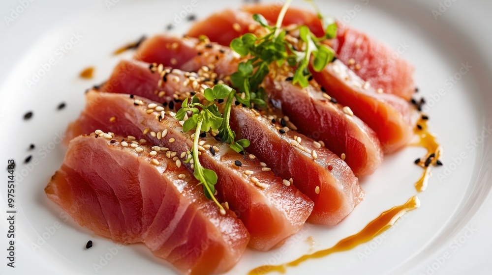Thinly Sliced Tuna with Sesame Seeds on White Plate | Elegant Food Presentation -- 16:9 Thinly Sliced Tuna with Sesame Seeds on White Plate | Elegant Food Presentation -- 16:9